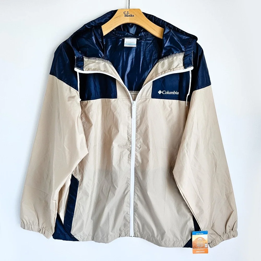 Columbia Flash Challenger Windbreaker Hooded Jacket Mens XL Tan/Blue UPF 40 New